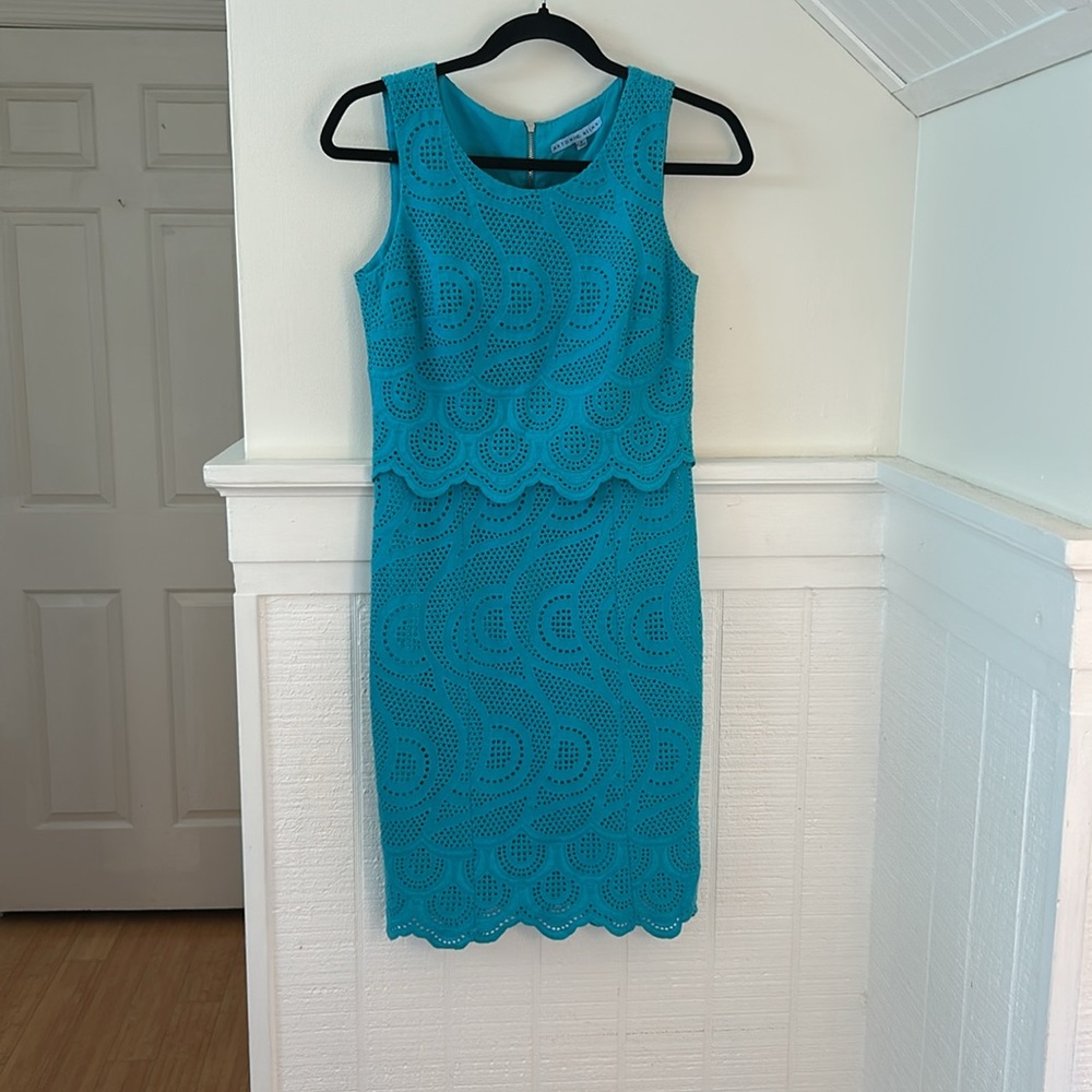 Antonio Melani Regina Teal Blue Cotton Eyelet Sheath Dress size 0